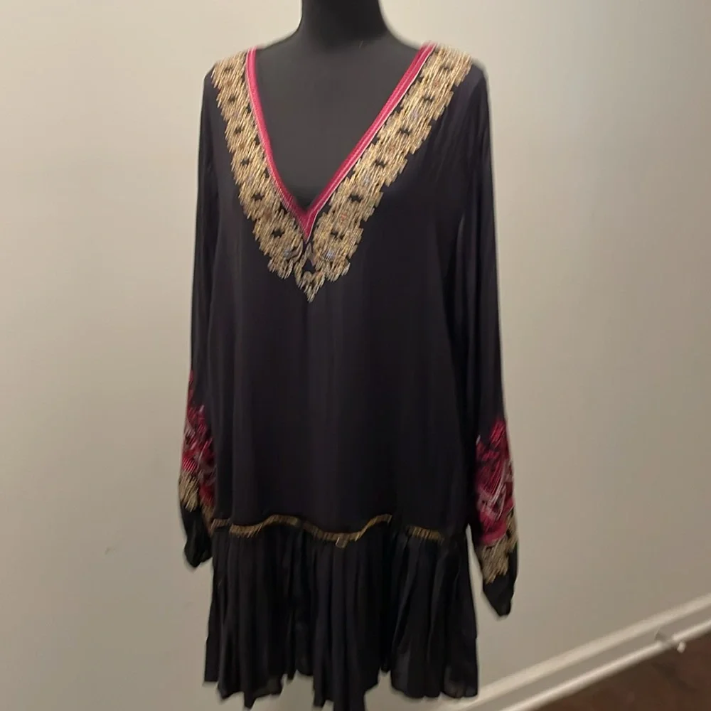 Free People Wild One Peasant Mini Dress SizeS Black Gold Embroidered Drop Waist - Picture 2 of 16